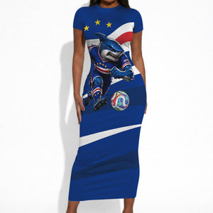 Cape Verde Won Our Hearts Soccer Short Sleeve Bodycon Dress Blue Sharks Football Mascot Patriotic National Team