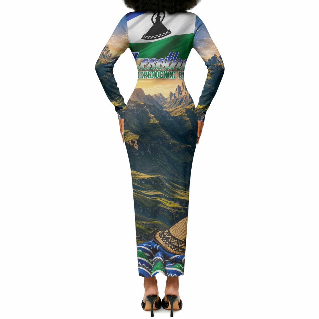 Lesotho Independence Day Long Sleeve Bodycon Dress Basotho Hat Flag And Cultural Heritage