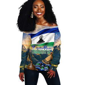 Lesotho Independence Day Off Shoulder Sweater Basotho Hat Flag And Cultural Heritage