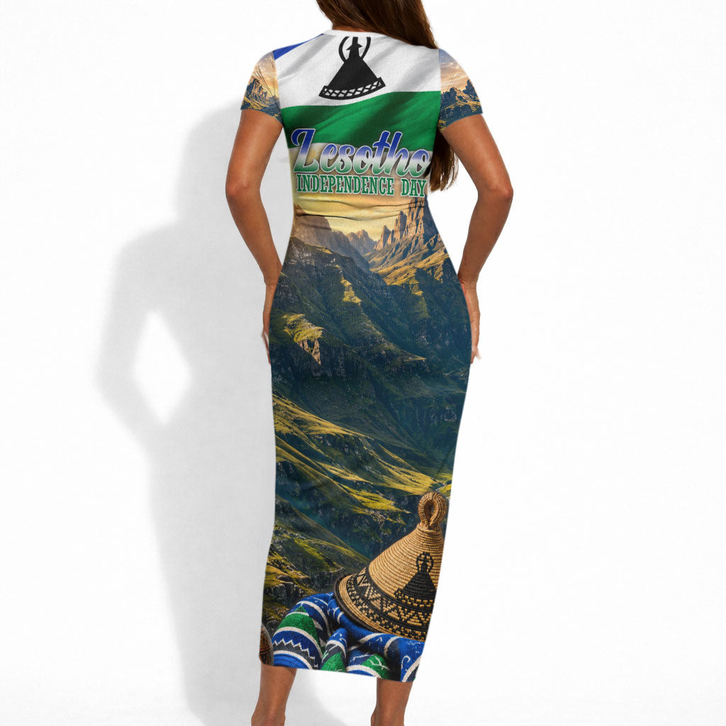 Lesotho Independence Day Short Sleeve Bodycon Dress Basotho Hat Flag And Cultural Heritage