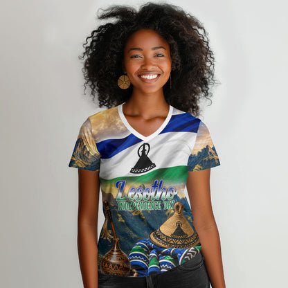 Lesotho Independence Day Women V-Neck T-Shirt Basotho Hat Flag And Cultural Heritage