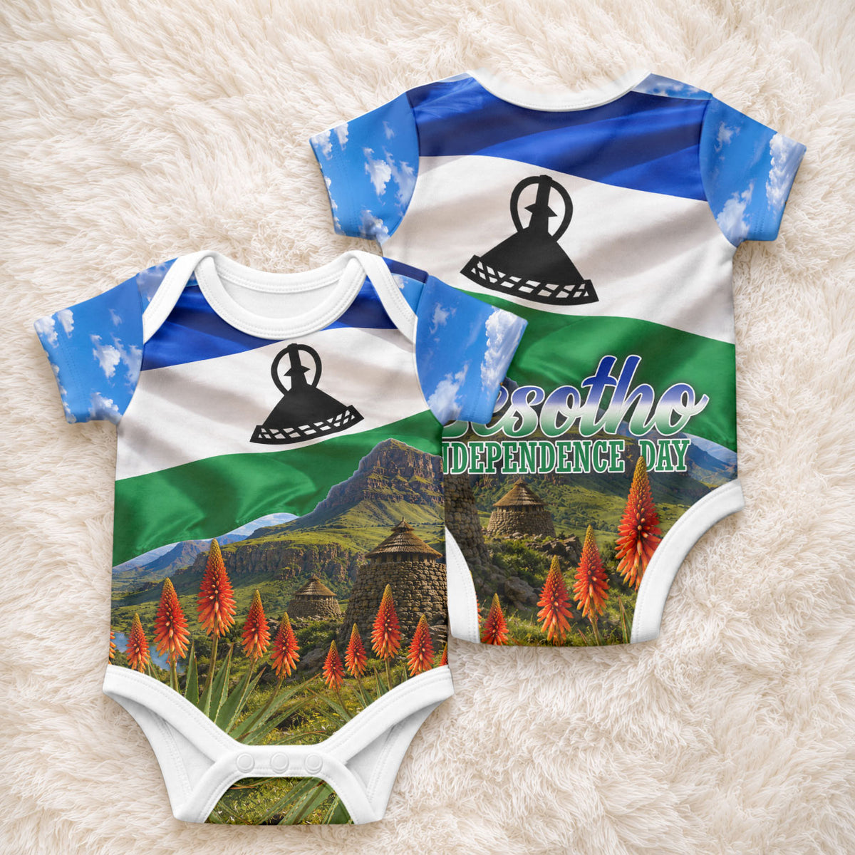 Lesotho Independence Day Baby Onesie National Flag Scenic Mountain Landscape And Floral