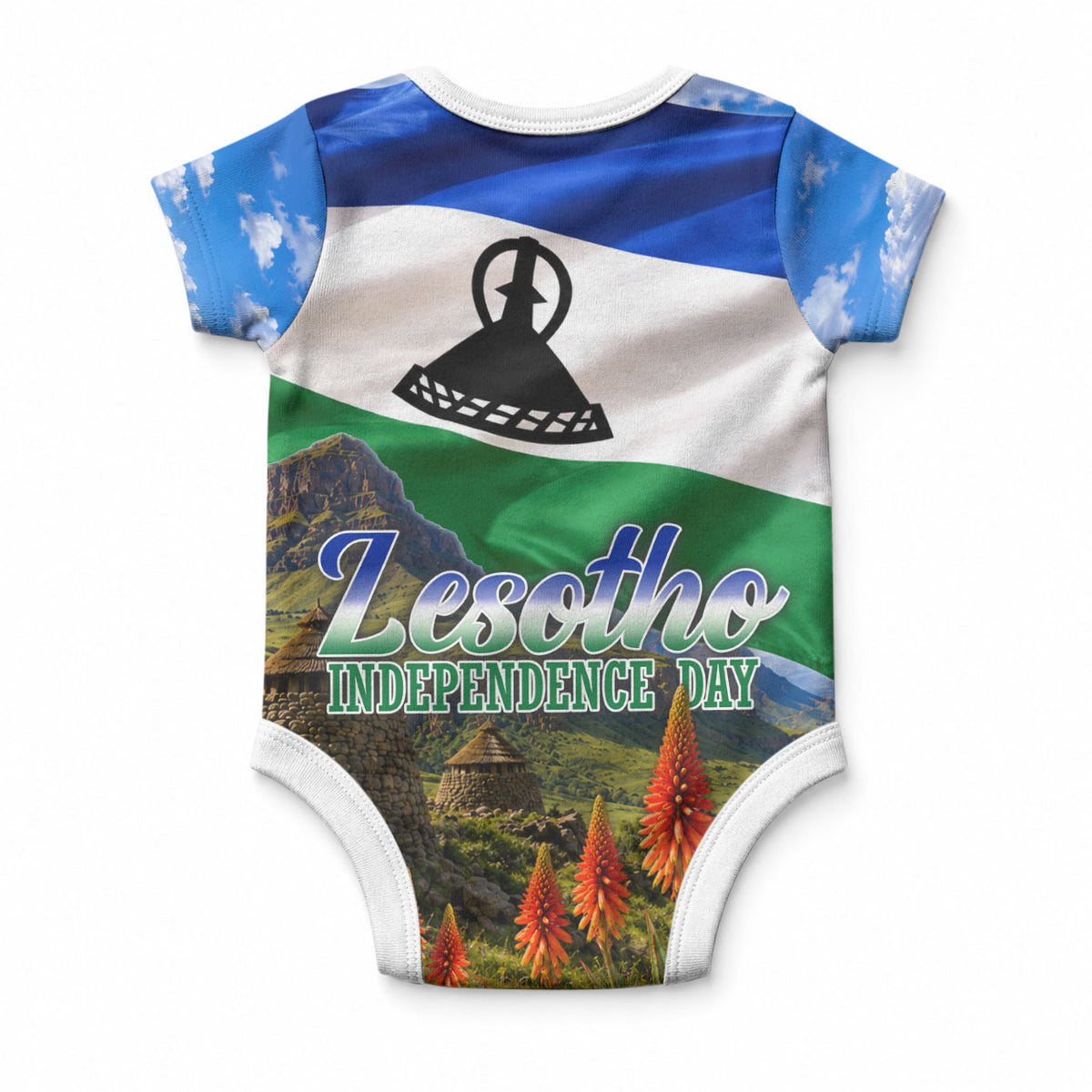 Lesotho Independence Day Baby Onesie National Flag Scenic Mountain Landscape And Floral