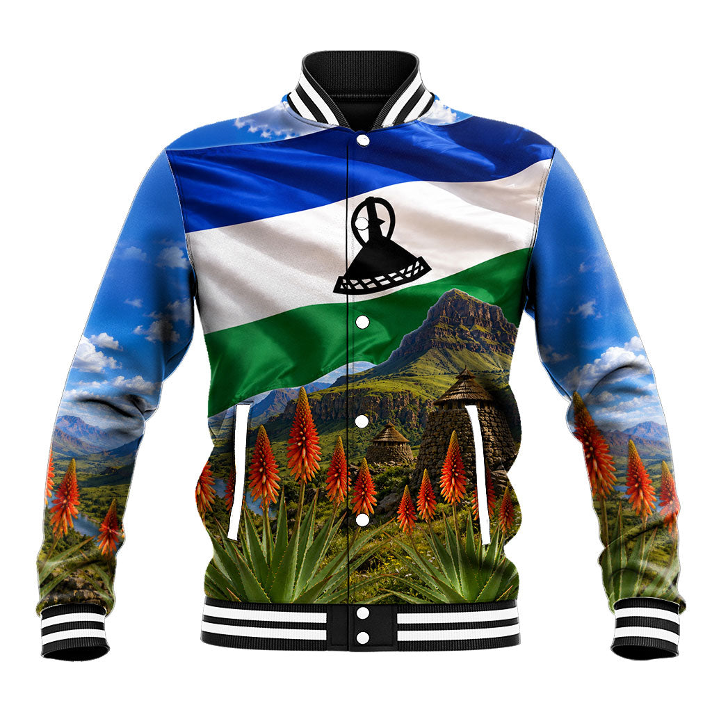 Lesotho Independence Day Baseball Jacket National Flag Scenic Mountain Landscape And Floral