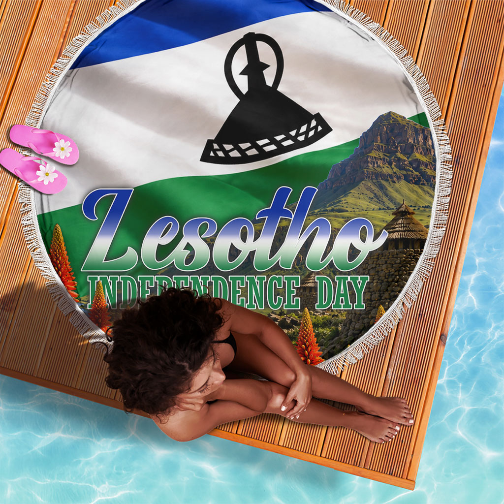 Lesotho Independence Day Beach Blanket National Flag Scenic Mountain Landscape And Floral