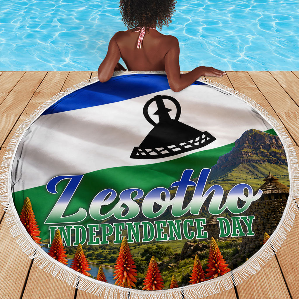 Lesotho Independence Day Beach Blanket National Flag Scenic Mountain Landscape And Floral