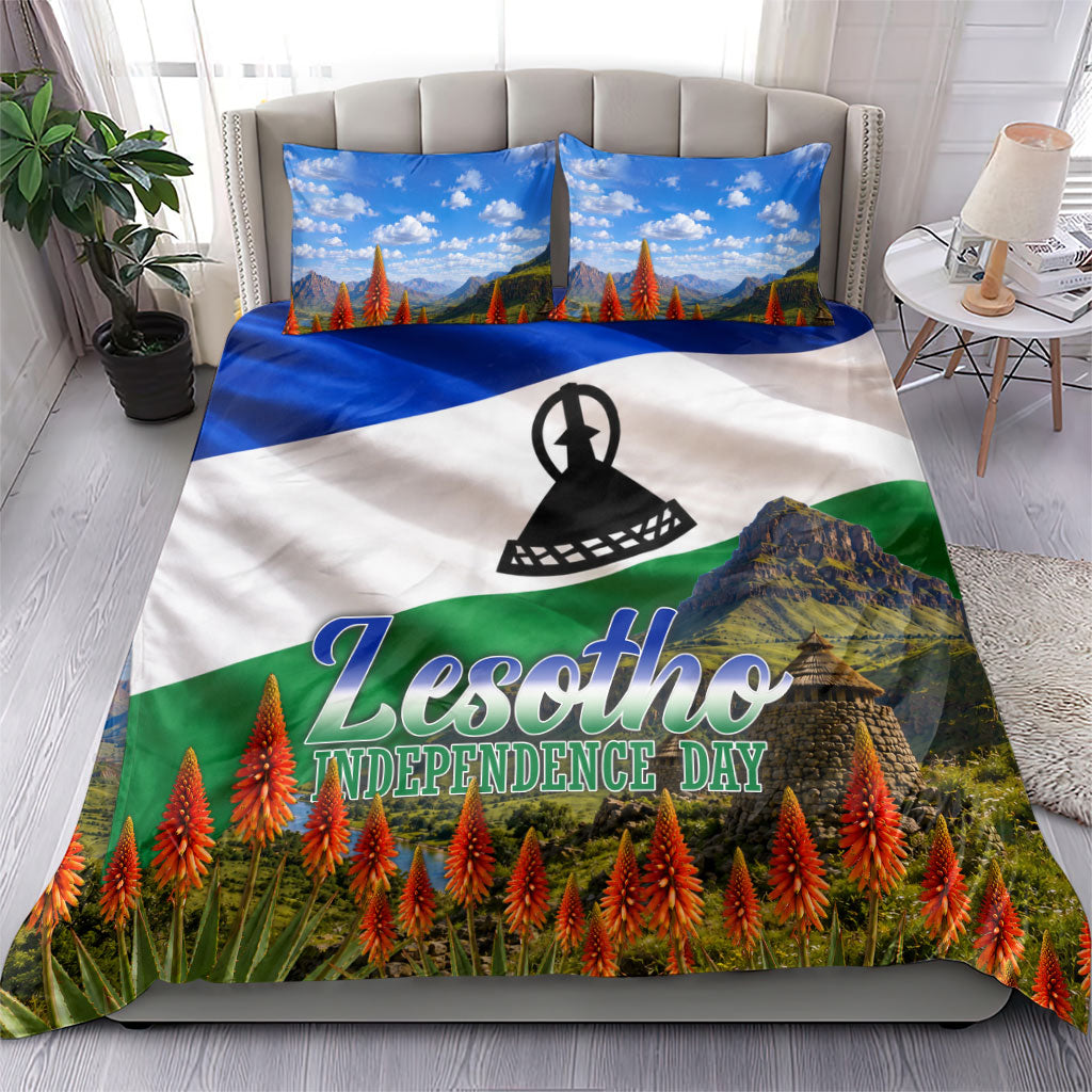 Lesotho Independence Day Bedding Set National Flag Scenic Mountain Landscape And Floral