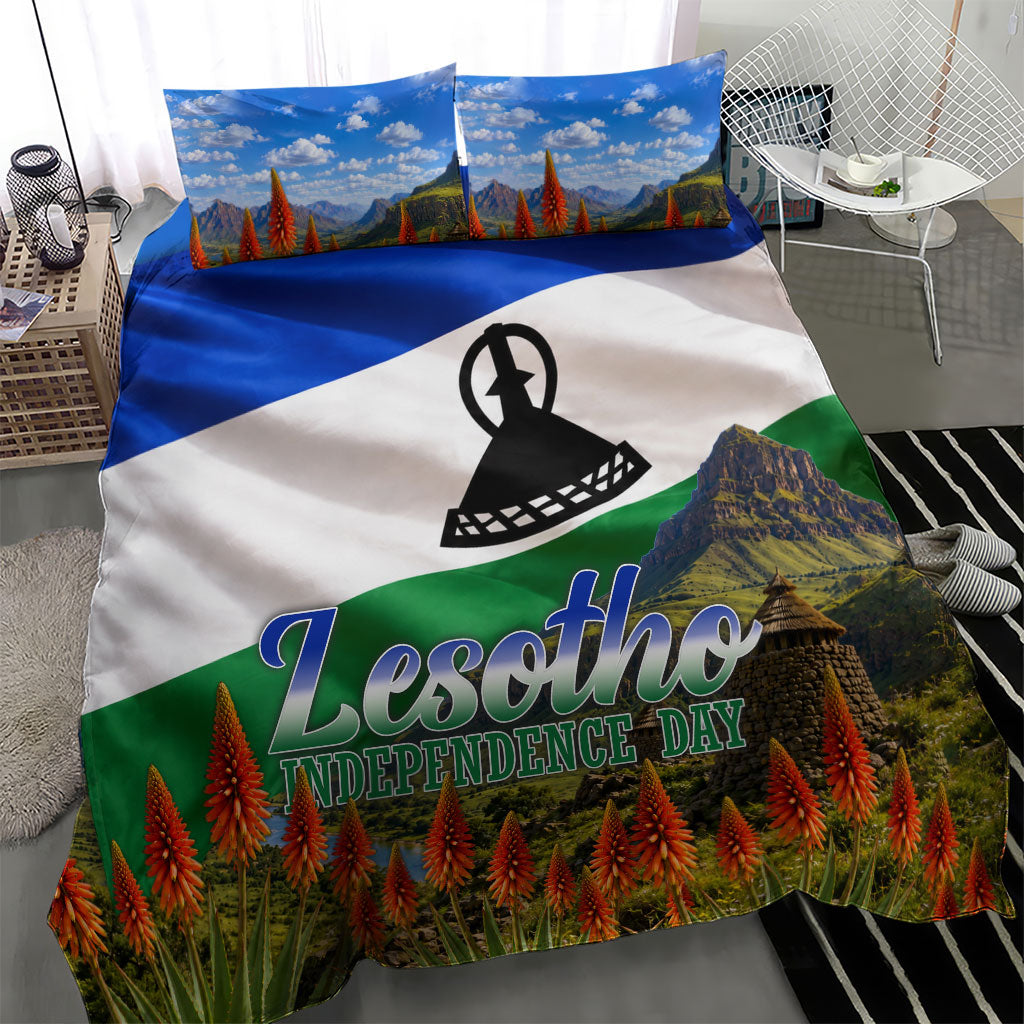 Lesotho Independence Day Bedding Set National Flag Scenic Mountain Landscape And Floral