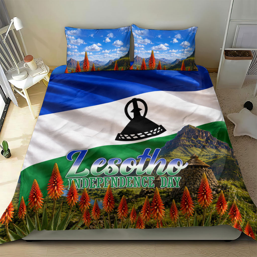 Lesotho Independence Day Bedding Set National Flag Scenic Mountain Landscape And Floral