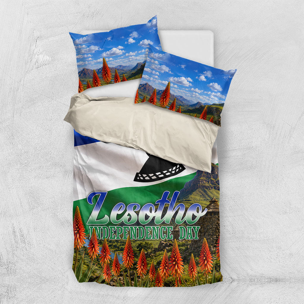 Lesotho Independence Day Bedding Set National Flag Scenic Mountain Landscape And Floral