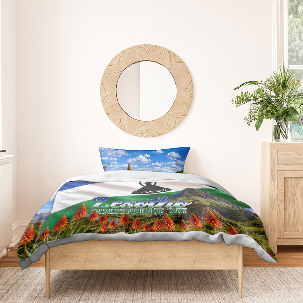Lesotho Independence Day Bedding Set National Flag Scenic Mountain Landscape And Floral