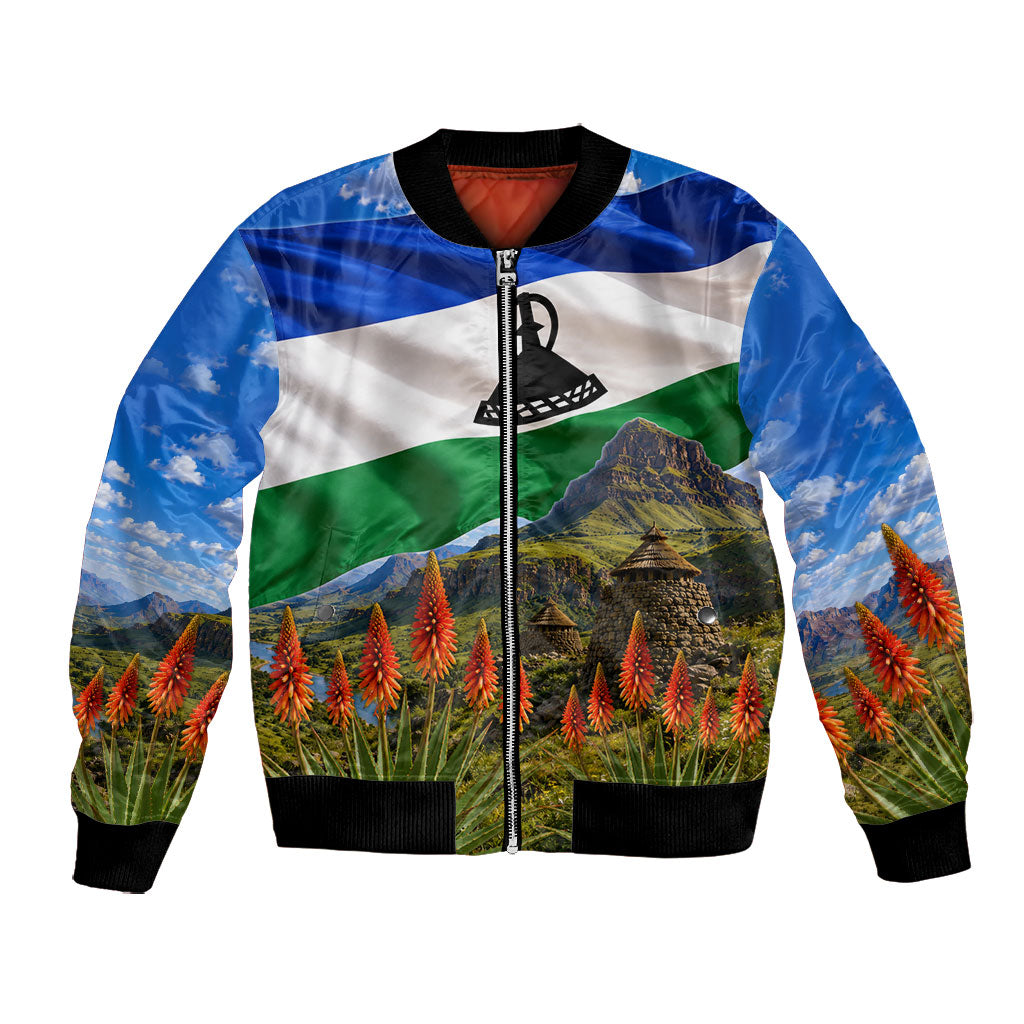 Lesotho Independence Day Bomber Jacket National Flag Scenic Mountain Landscape And Floral