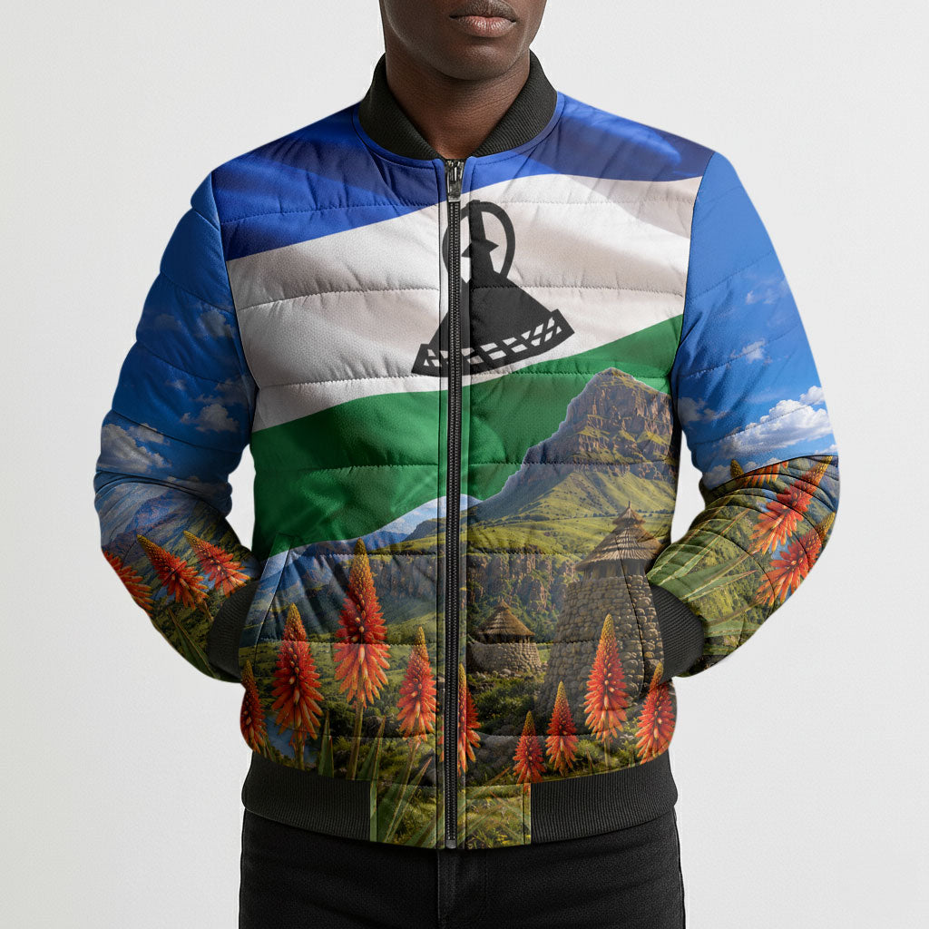 Lesotho Independence Day Bomber Puffer Jacket National Flag Scenic Mountain Landscape And Floral