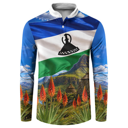 Lesotho Independence Day Button Sweatshirt National Flag Scenic Mountain Landscape And Floral