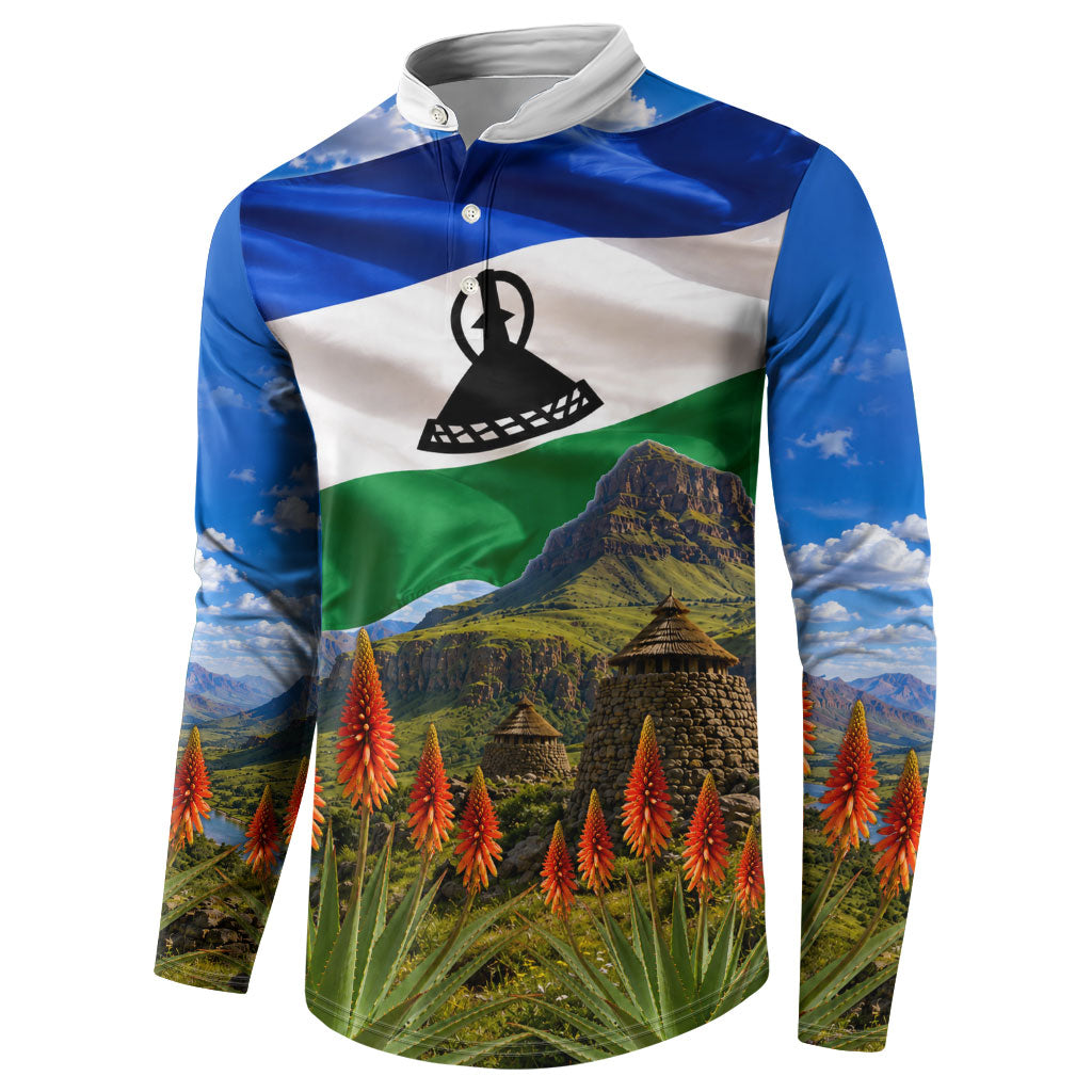 Lesotho Independence Day Button Sweatshirt National Flag Scenic Mountain Landscape And Floral
