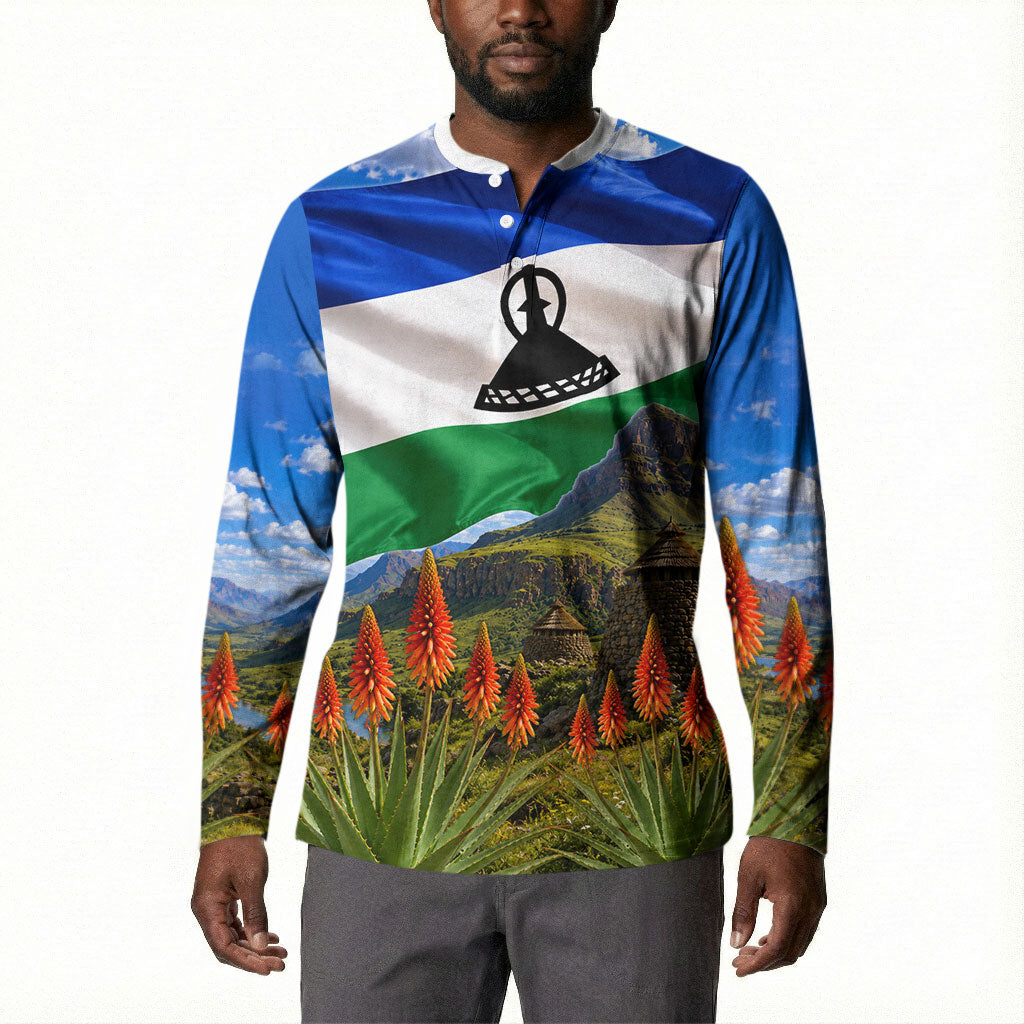 Lesotho Independence Day Button Sweatshirt National Flag Scenic Mountain Landscape And Floral