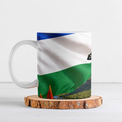 Lesotho Independence Day Ceramic Mug National Flag Scenic Mountain Landscape And Floral