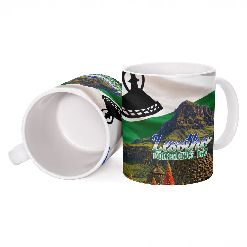 Lesotho Independence Day Ceramic Mug National Flag Scenic Mountain Landscape And Floral