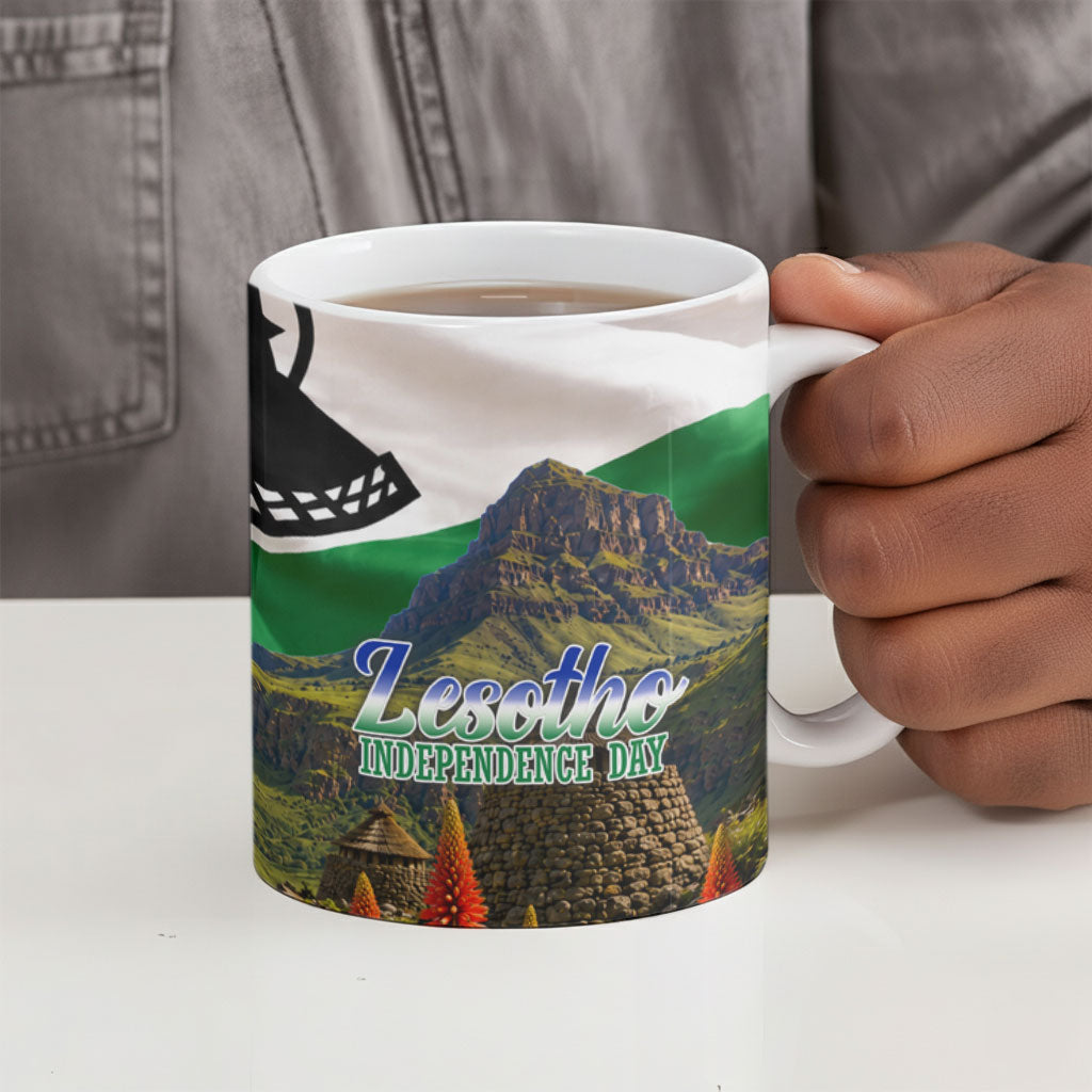 Lesotho Independence Day Ceramic Mug National Flag Scenic Mountain Landscape And Floral