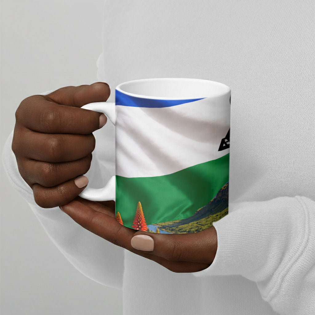 Lesotho Independence Day Ceramic Mug National Flag Scenic Mountain Landscape And Floral