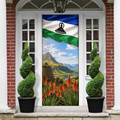 Lesotho Independence Day Door Cover National Flag Scenic Mountain Landscape And Floral