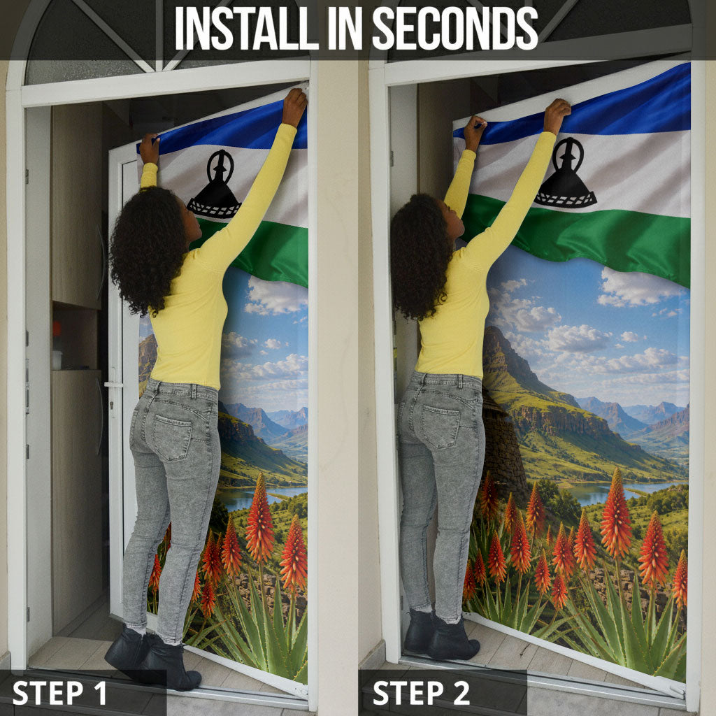 Lesotho Independence Day Door Cover National Flag Scenic Mountain Landscape And Floral