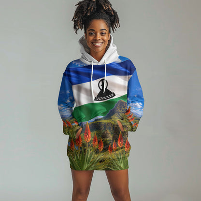 Lesotho Independence Day Hoodie Dress National Flag Scenic Mountain Landscape And Floral