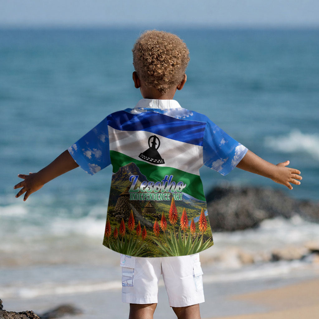 Lesotho Independence Day Kid Hawaiian Shirt National Flag Scenic Mountain Landscape And Floral