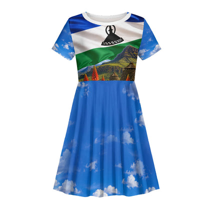 Lesotho Independence Day Kid Short Sleeve Dress National Flag Scenic Mountain Landscape And Floral