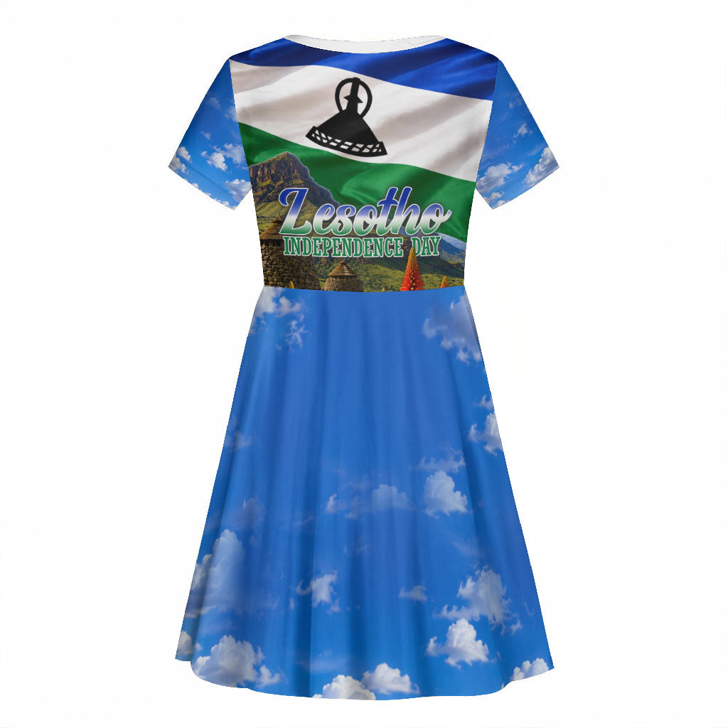 Lesotho Independence Day Kid Short Sleeve Dress National Flag Scenic Mountain Landscape And Floral