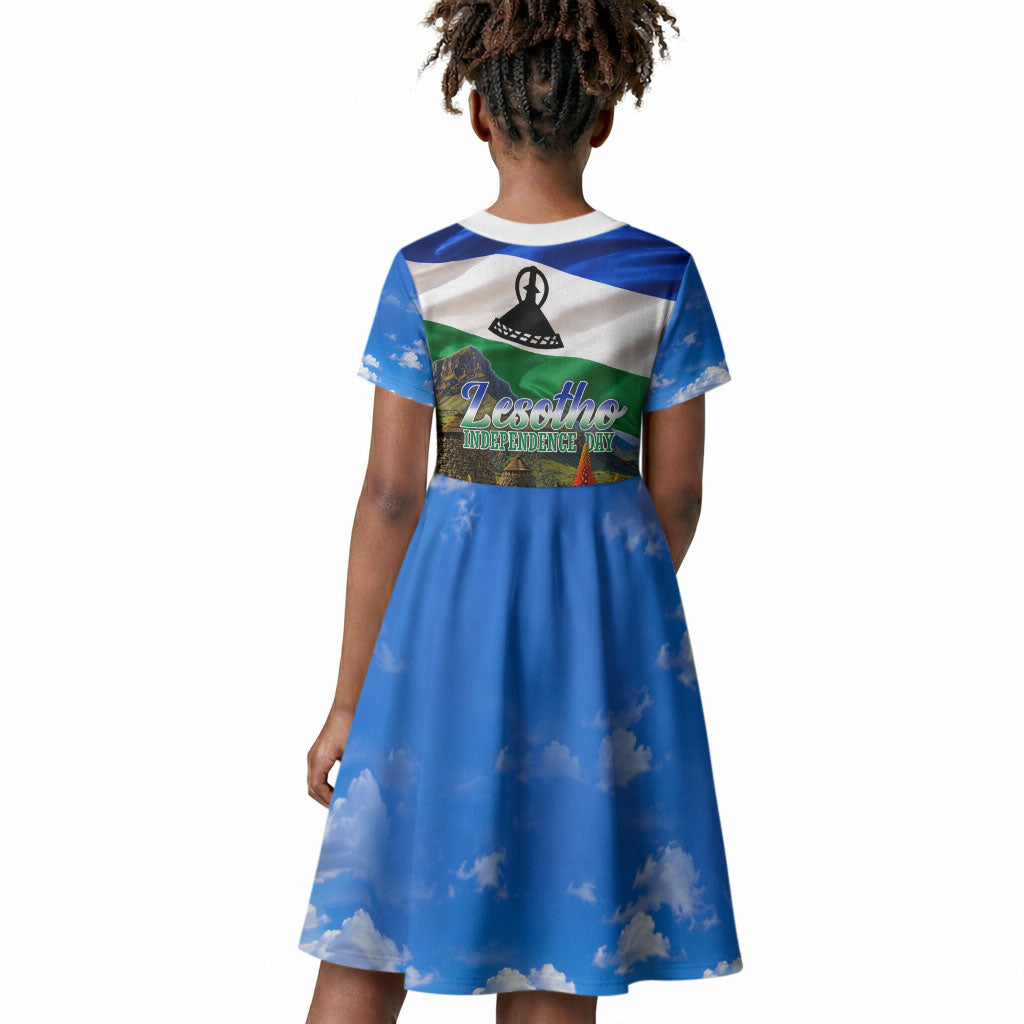 Lesotho Independence Day Kid Short Sleeve Dress National Flag Scenic Mountain Landscape And Floral