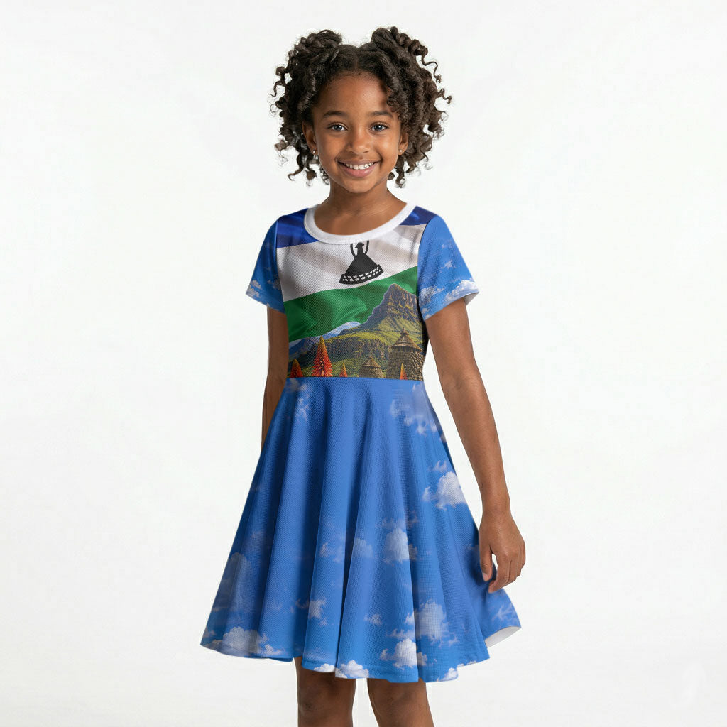 Lesotho Independence Day Kid Short Sleeve Dress National Flag Scenic Mountain Landscape And Floral