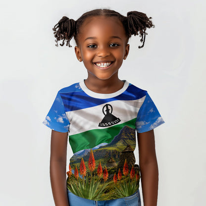 Lesotho Independence Day Kid T shirt National Flag Scenic Mountain Landscape And Floral