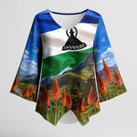 Lesotho Independence Day Kimono Sleeve Blouse National Flag Scenic Mountain Landscape And Floral