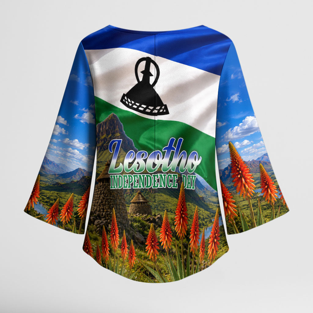 Lesotho Independence Day Kimono Sleeve Blouse National Flag Scenic Mountain Landscape And Floral