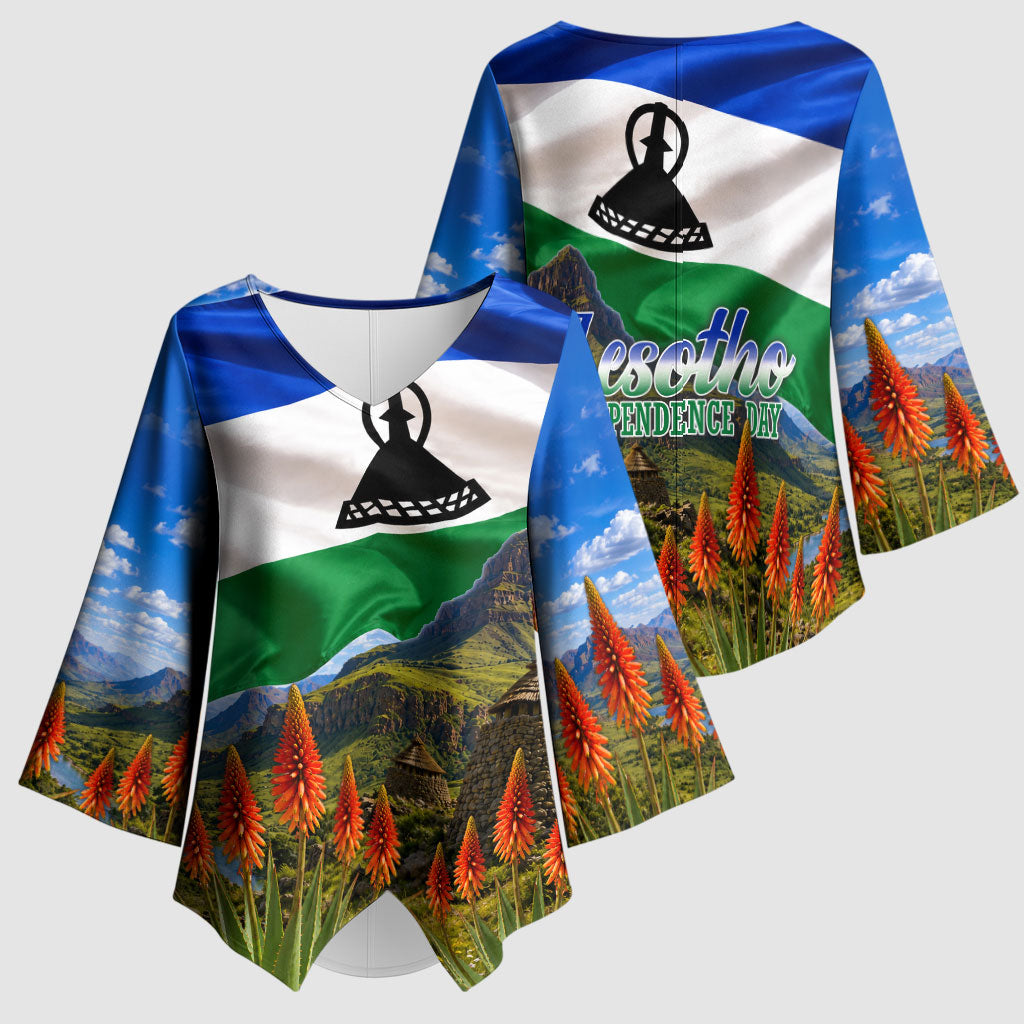 Lesotho Independence Day Kimono Sleeve Blouse National Flag Scenic Mountain Landscape And Floral