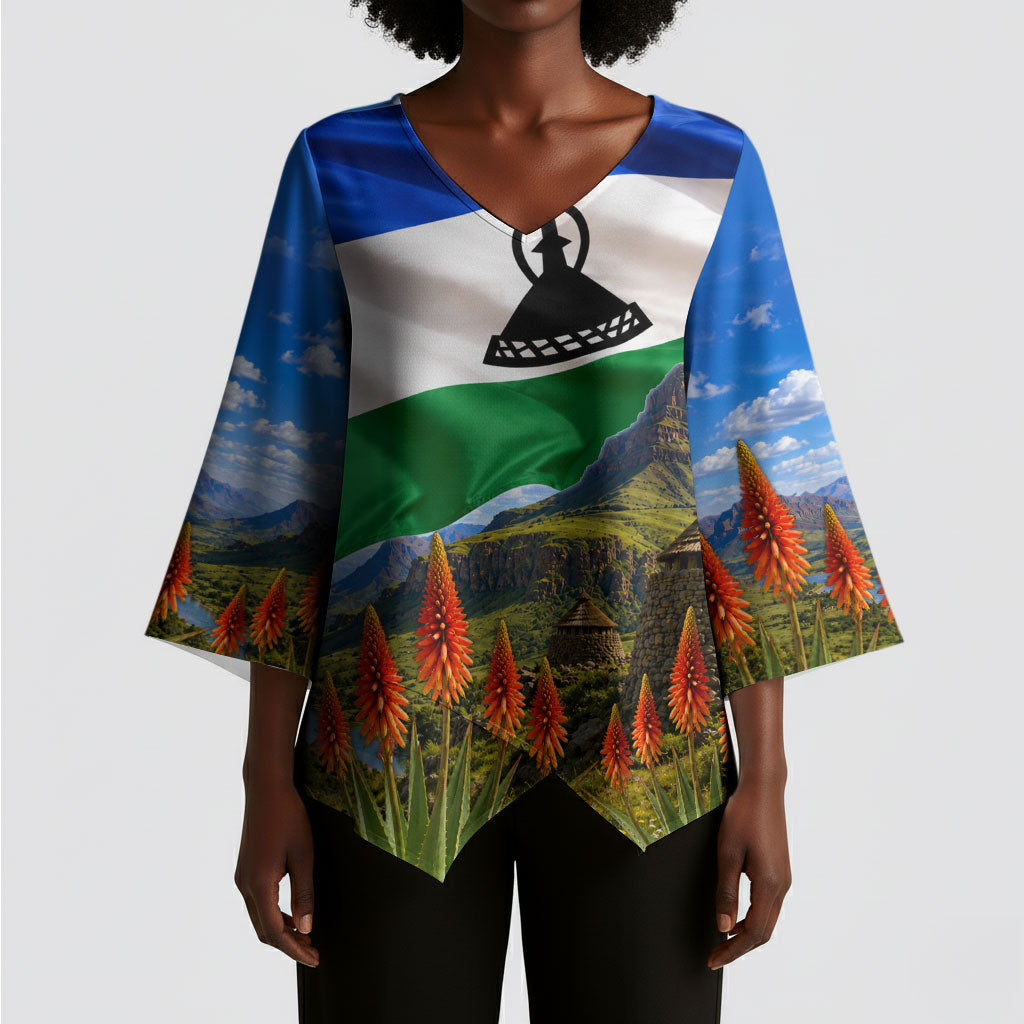 Lesotho Independence Day Kimono Sleeve Blouse National Flag Scenic Mountain Landscape And Floral