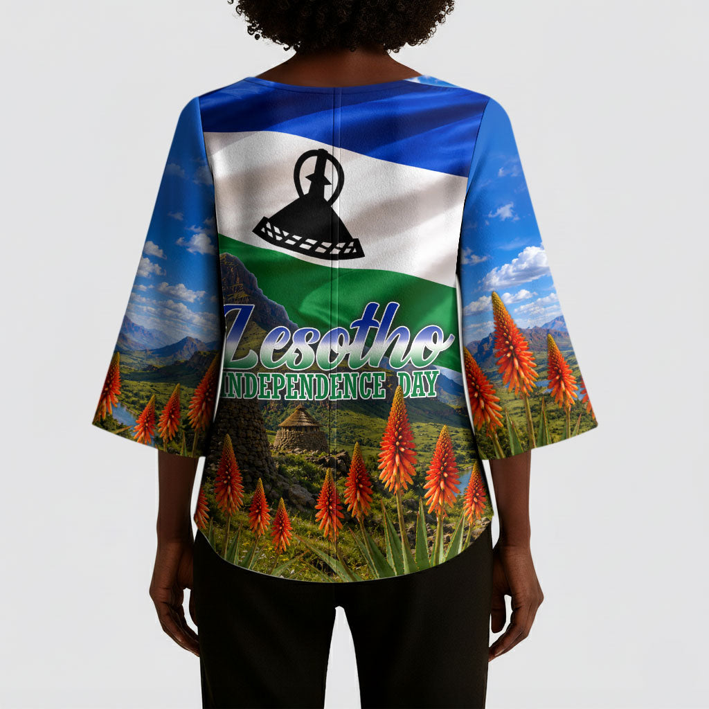 Lesotho Independence Day Kimono Sleeve Blouse National Flag Scenic Mountain Landscape And Floral