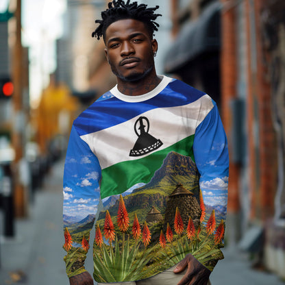 Lesotho Independence Day Long Sleeve Shirt National Flag Scenic Mountain Landscape And Floral