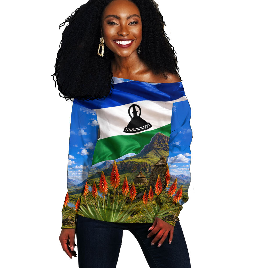 Lesotho Independence Day Off Shoulder Sweater National Flag Scenic Mountain Landscape And Floral