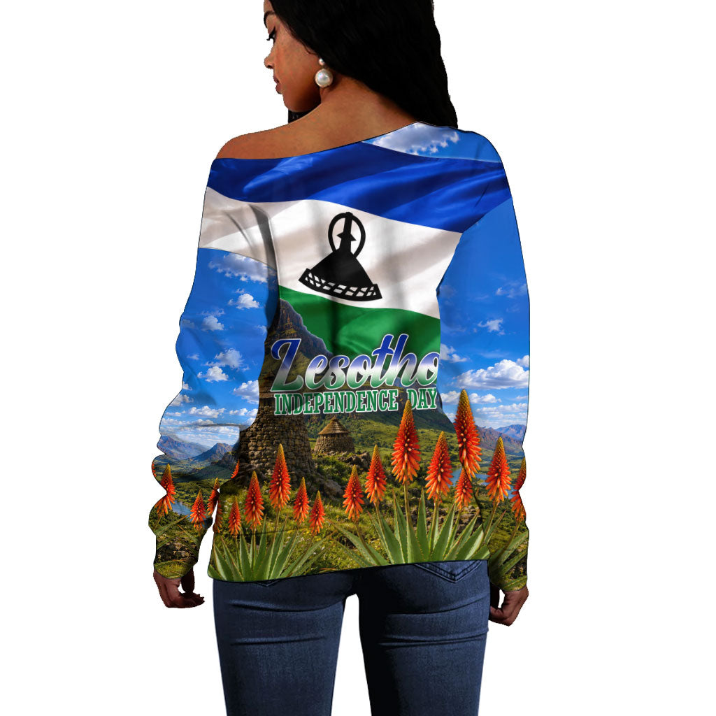 Lesotho Independence Day Off Shoulder Sweater National Flag Scenic Mountain Landscape And Floral