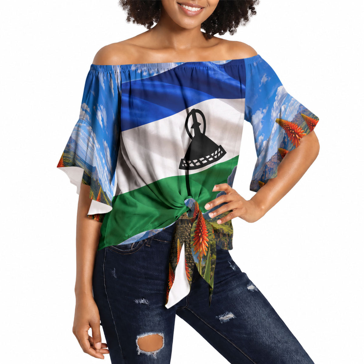 Lesotho Independence Day Off Shoulder Wrap Waist Top National Flag Scenic Mountain Landscape And Floral