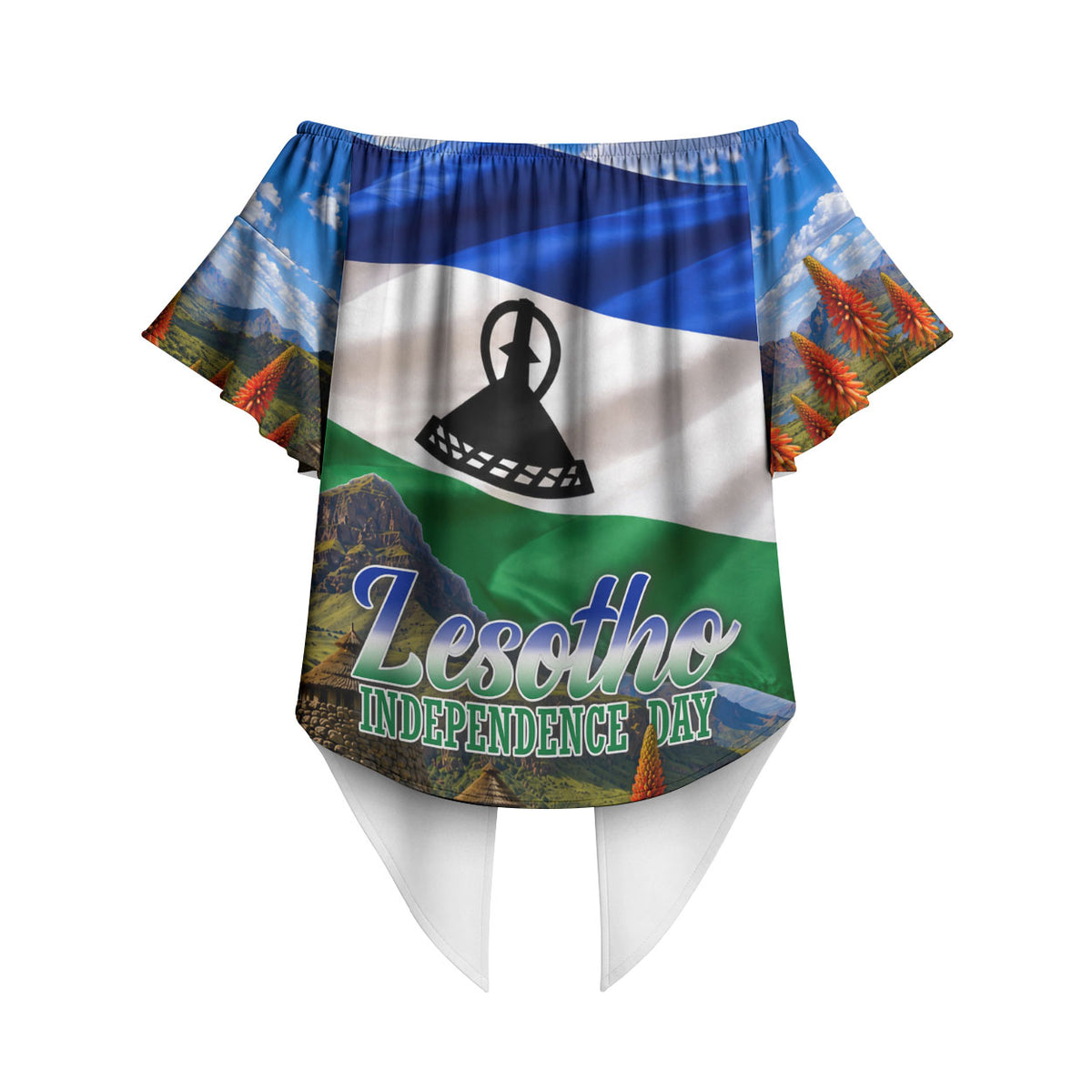 Lesotho Independence Day Off Shoulder Wrap Waist Top National Flag Scenic Mountain Landscape And Floral