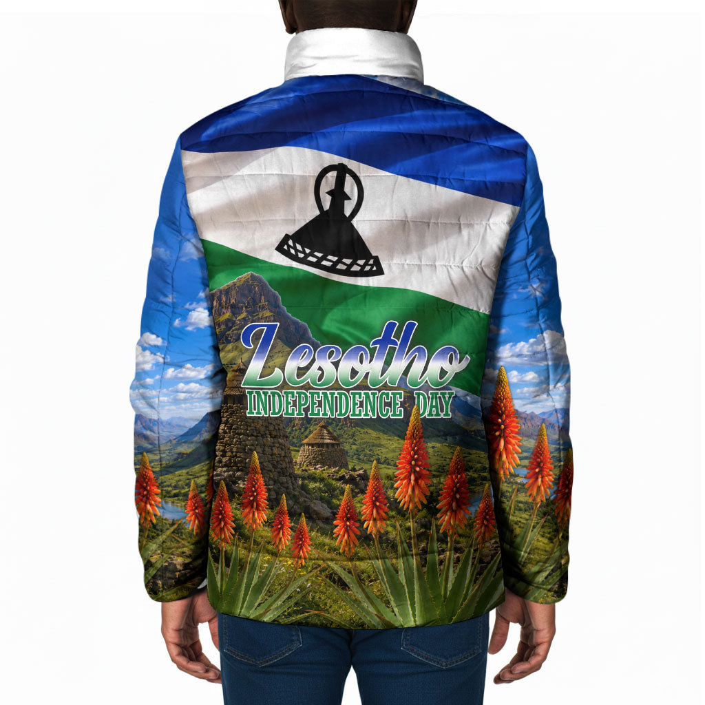 Lesotho Independence Day Padded Jacket National Flag Scenic Mountain Landscape And Floral
