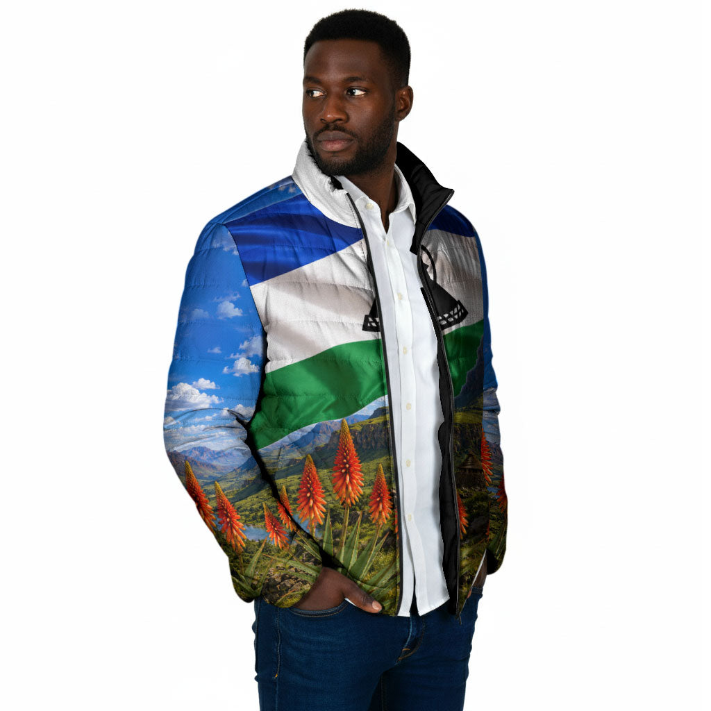 Lesotho Independence Day Padded Jacket National Flag Scenic Mountain Landscape And Floral