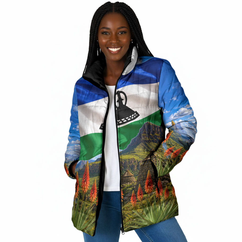 Lesotho Independence Day Padded Jacket National Flag Scenic Mountain Landscape And Floral
