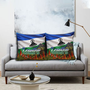 Lesotho Independence Day Pillow Cover National Flag Scenic Mountain Landscape And Floral