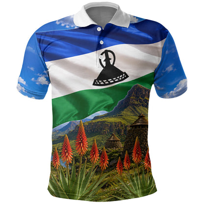 Lesotho Independence Day Polo Shirt National Flag Scenic Mountain Landscape And Floral