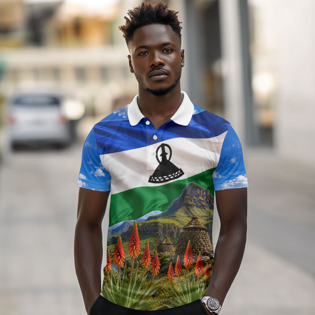 Lesotho Independence Day Polo Shirt National Flag Scenic Mountain Landscape And Floral