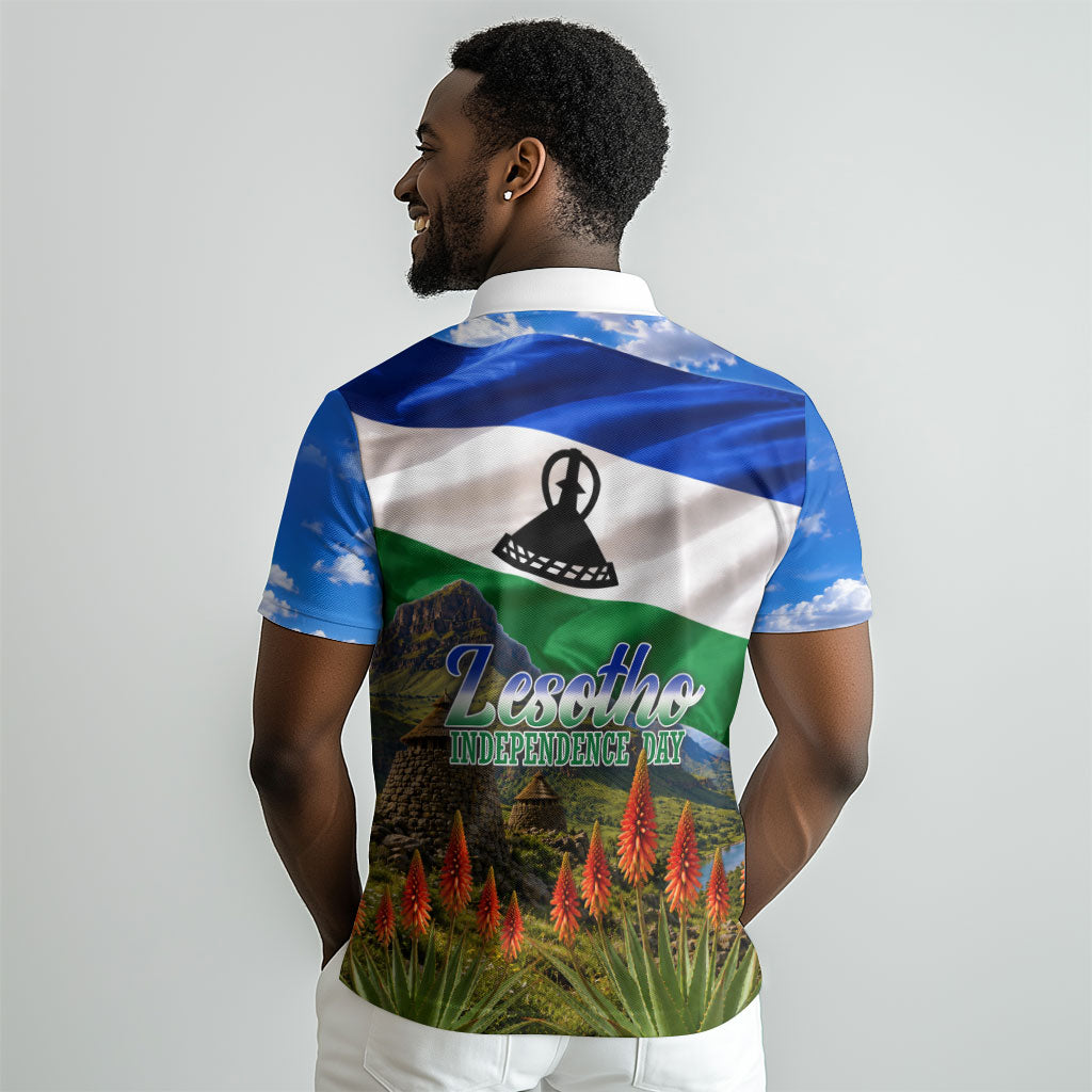 Lesotho Independence Day Polo Shirt National Flag Scenic Mountain Landscape And Floral